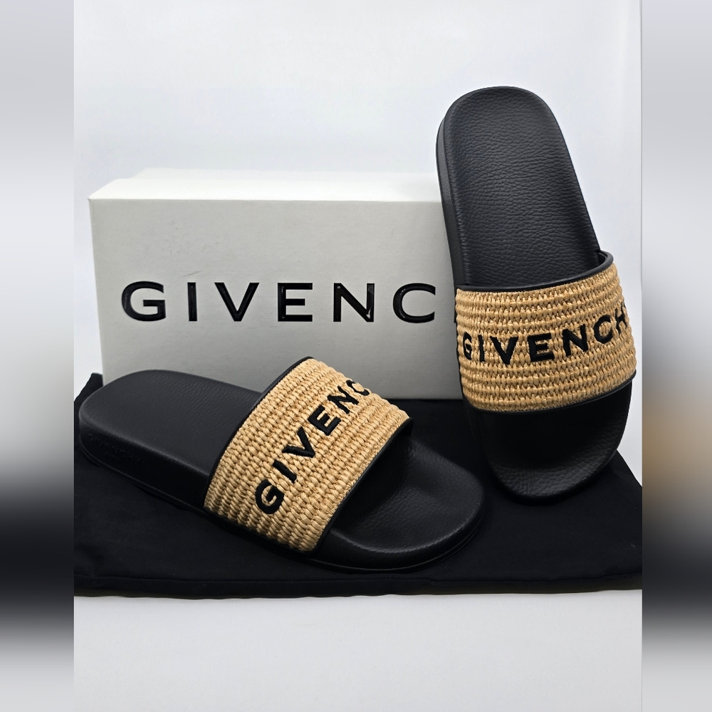 Givenchy Embroidered Logo Raffia Slide Sandals - Picture 1 of 12